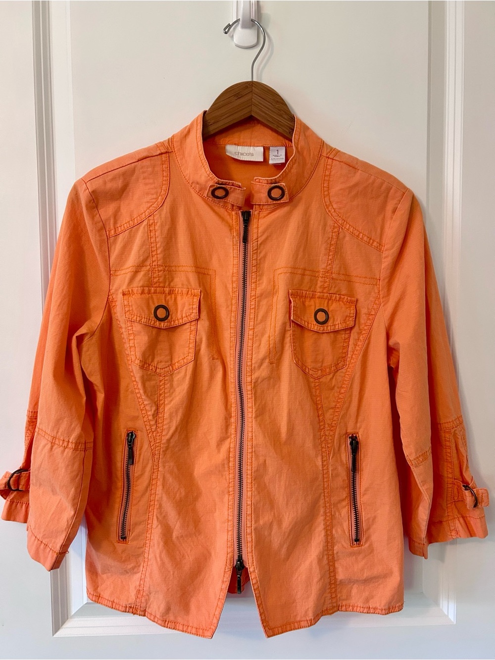 Chico’s Tangerine Orange Cotton Utility/Moto Jacket